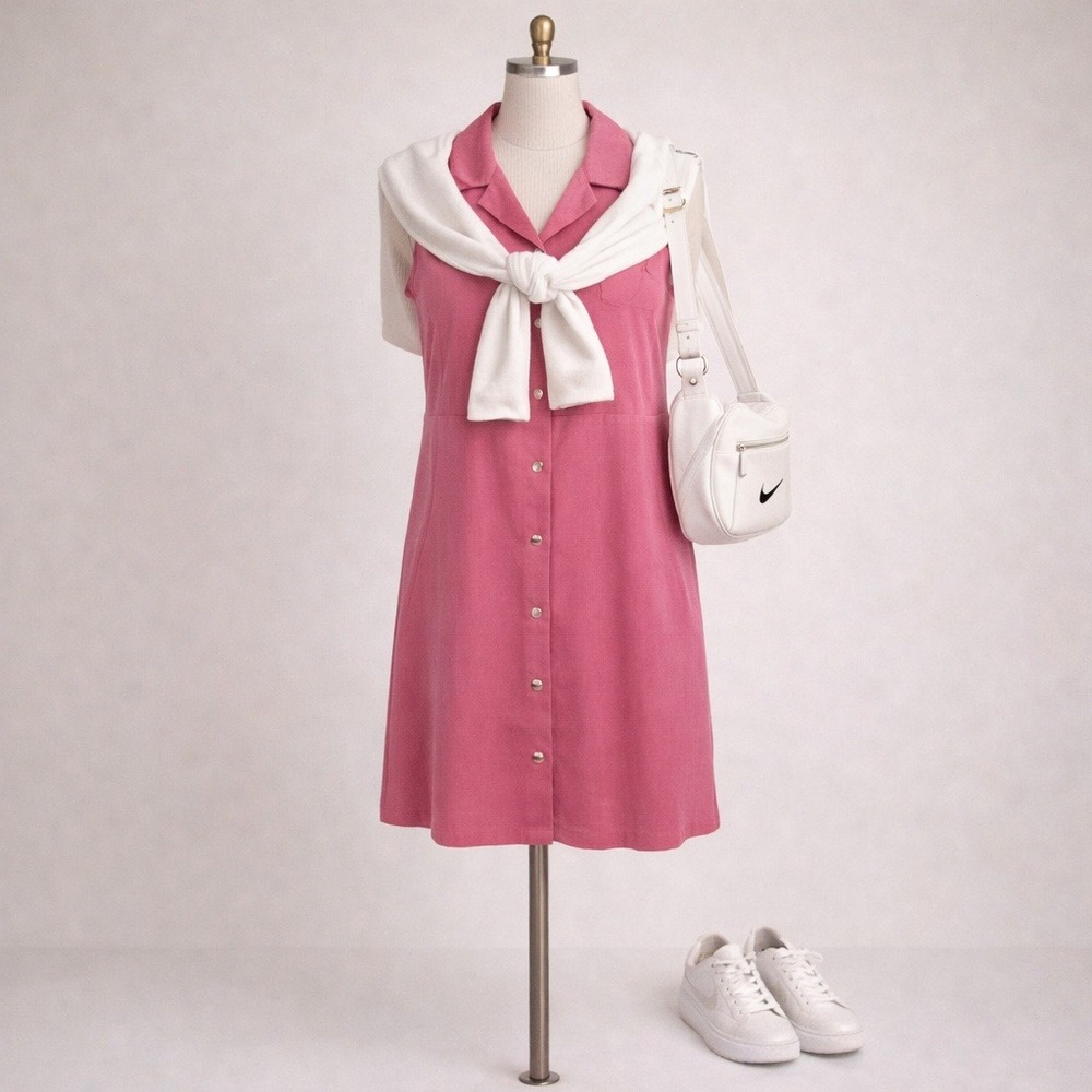 Pink Mini Polo Dress Sz S Sleeveless‎ Pink Chambray Tencel Girly Easy Fit Collar
